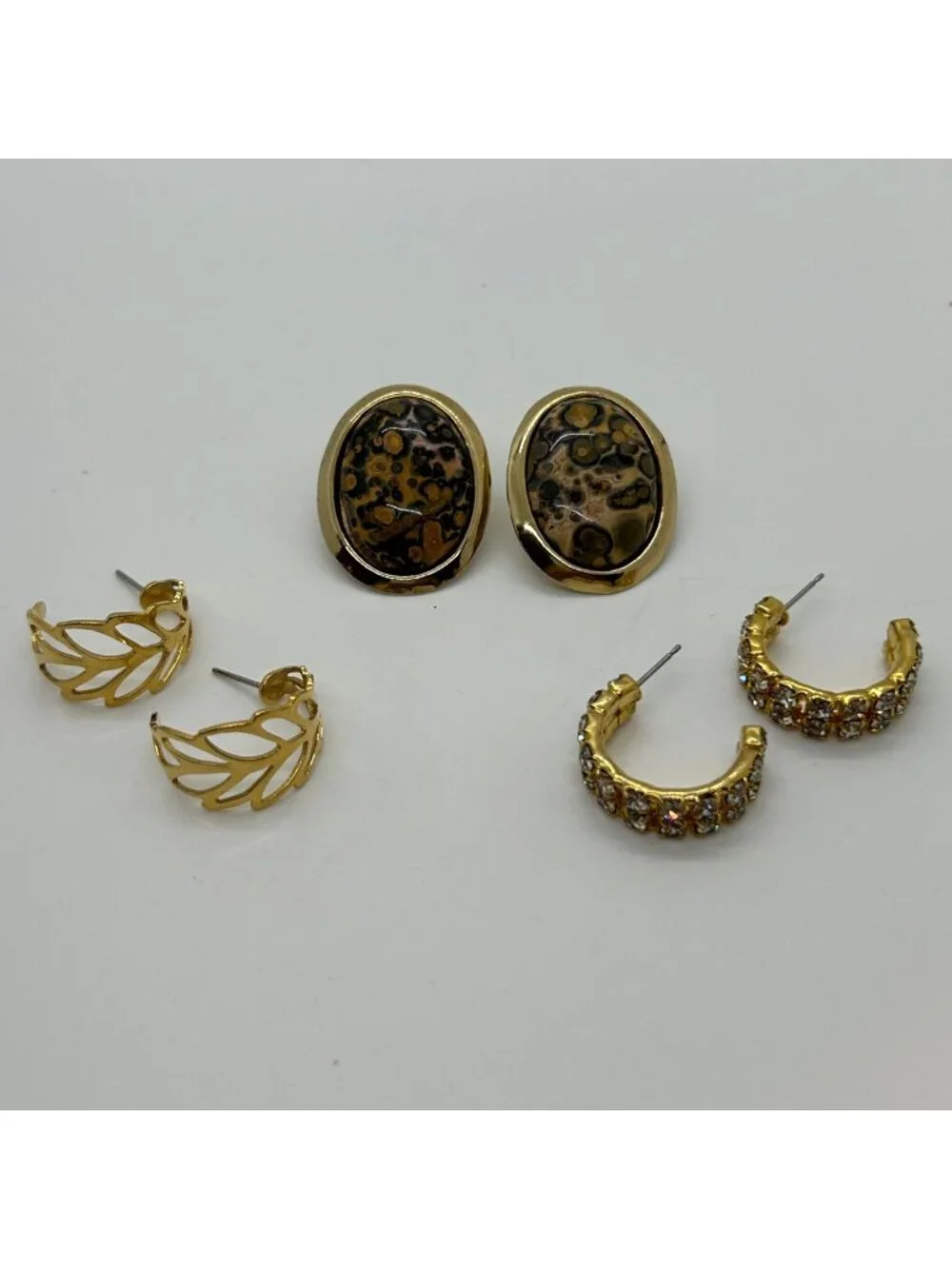 Vintage 80s Goldtone Earring Lot 3 Pairs Leaf Hoop Rhinestone Oval Acrylic Stud
